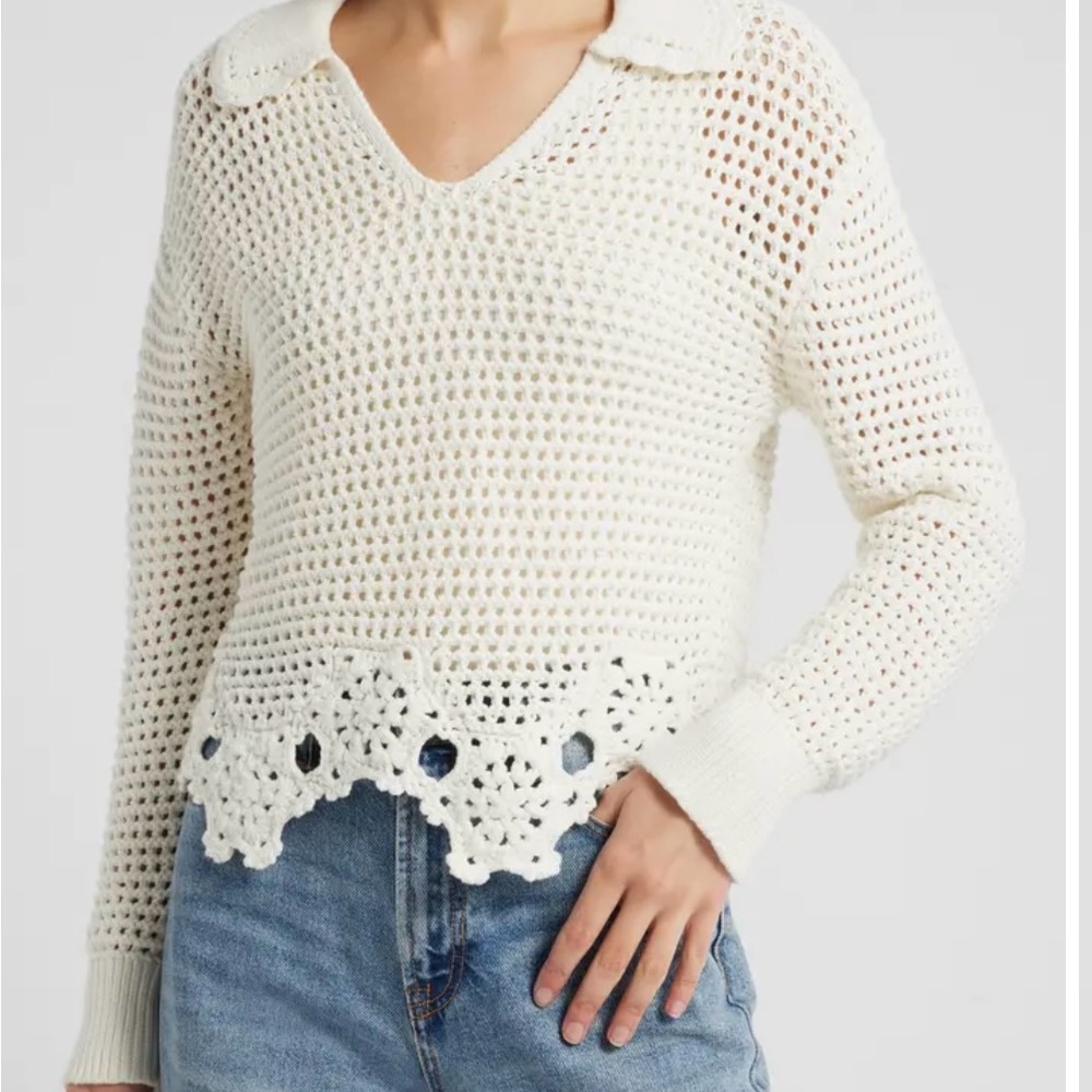 Rails Louise NWT crocheted Women's Ivory Collared V-Neck  Sweater